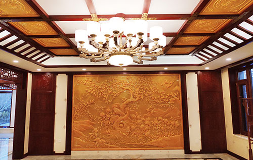 黔西中式别墅客厅中式木作横梁吊顶装饰展示