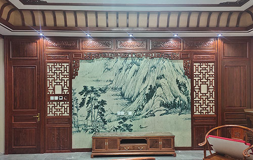 黔西中式仿古别墅客厅背景墙花格木作装饰
